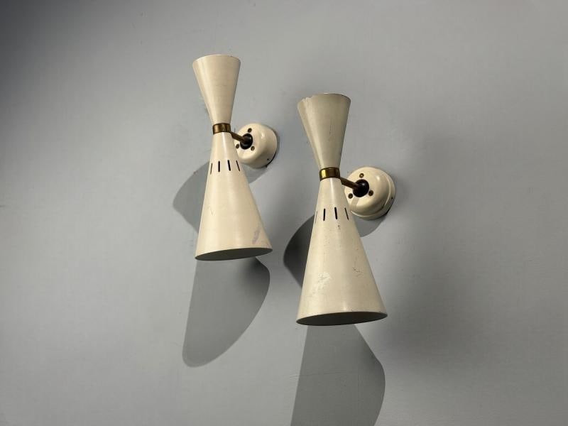 Italian Modern, White Lacquered Metal, Brass, Wall Sconces, Italy, 1960s - 2