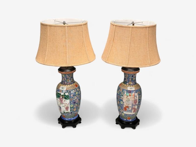Famille Rose, Large Chinese Table Lamps, Porcelian, Rosewood, China, 19th c. - 2