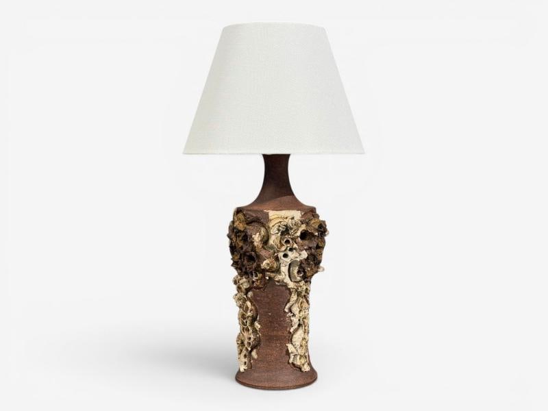 Bodil Marie Nielsen, Large Brutalist Table Lamp, Brown Stoneware, Denmark, 1960s - 2