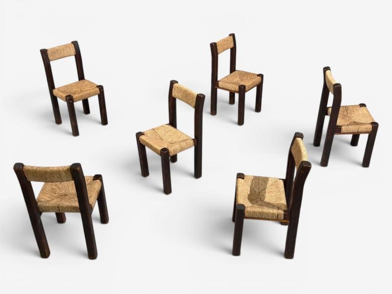 Charlotte Perriand Style, Brutalist Dining Chairs, Wood, Straw, France, 1960s - 2