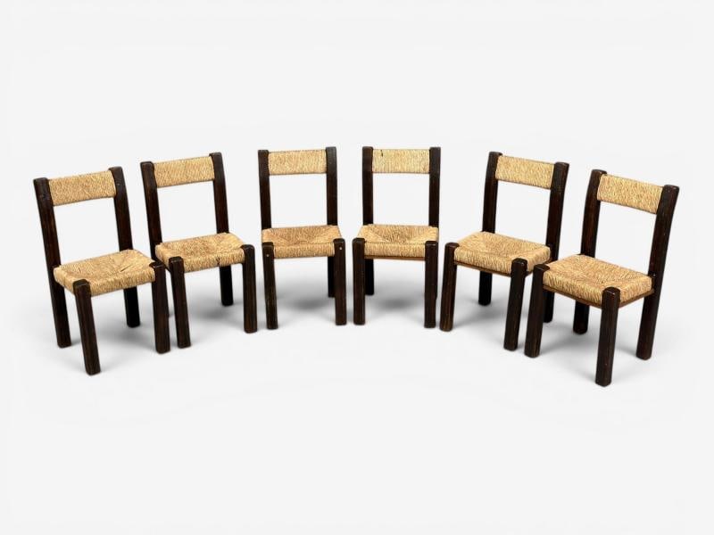Charlotte Perriand Style, Brutalist Dining Chairs, Wood, Straw, France, 1960s - 3