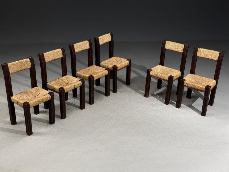 Charlotte Perriand Style, Brutalist Dining Chairs, Wood, Straw, France, 1960s - 4