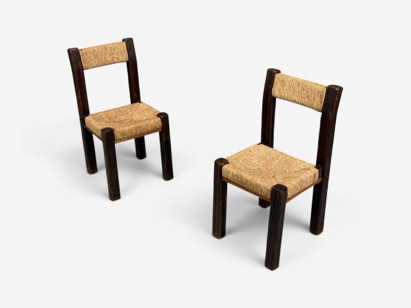 Charlotte Perriand Style, Brutalist Dining Chairs, Wood, Straw, France, 1960s - 5