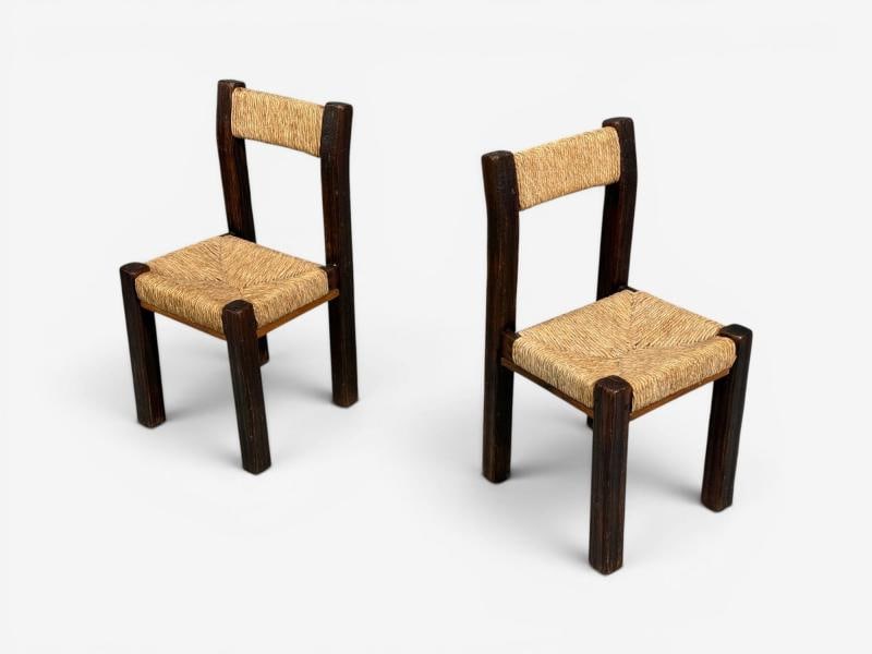 Charlotte Perriand Style, Brutalist Dining Chairs, Wood, Straw, France, 1960s - 6