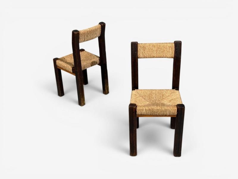 Charlotte Perriand Style, Brutalist Dining Chairs, Wood, Straw, France, 1960s - 7