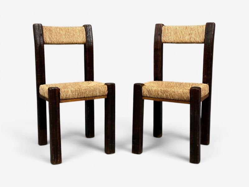 Charlotte Perriand Style, Brutalist Dining Chairs, Wood, Straw, France, 1960s - 8