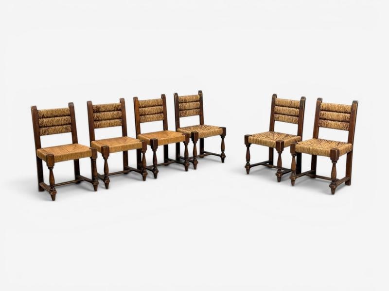 Charles Doudouyt, Six Rustic Dining Chairs, Oak, Rush, France, 1940s - 2