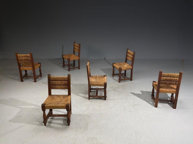 Charles Doudouyt, Six Rustic Dining Chairs, Oak, Rush, France, 1940s - 3