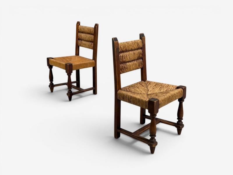 Charles Doudouyt, Six Rustic Dining Chairs, Oak, Rush, France, 1940s - 7