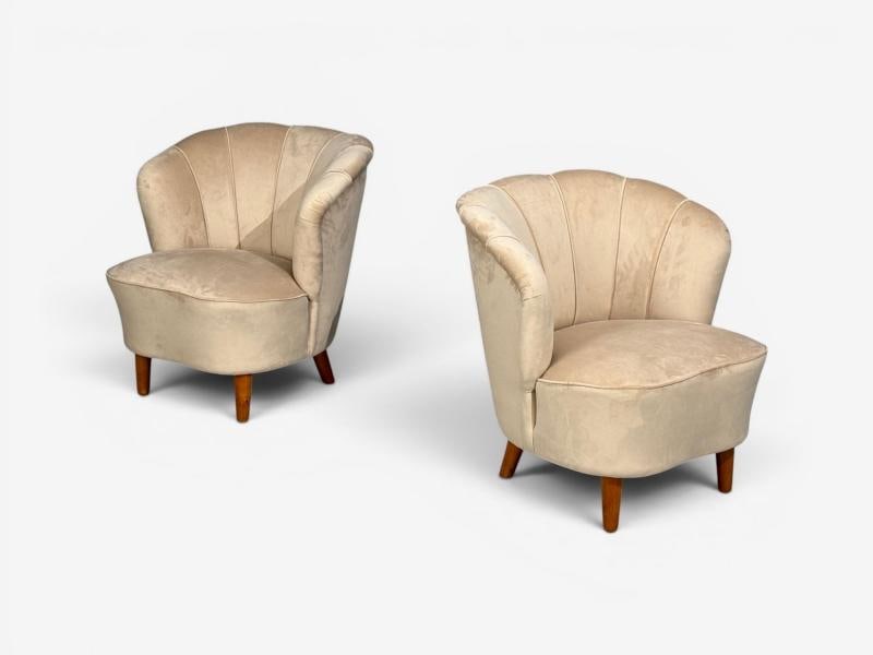 Asko, Finnish Modern, Lounge Chairs, Beige Velvet, Beech, Finland, 1950s - 2