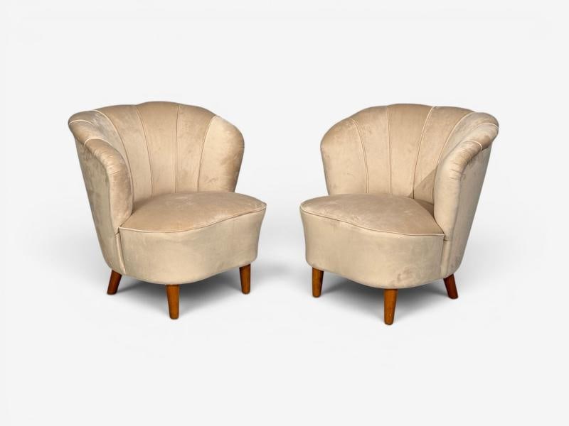 Asko, Finnish Modern, Lounge Chairs, Beige Velvet, Beech, Finland, 1950s - 3