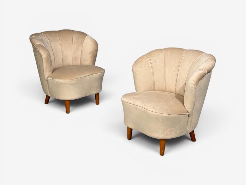 Asko, Finnish Modern, Lounge Chairs, Beige Velvet, Beech, Finland, 1950s - 4