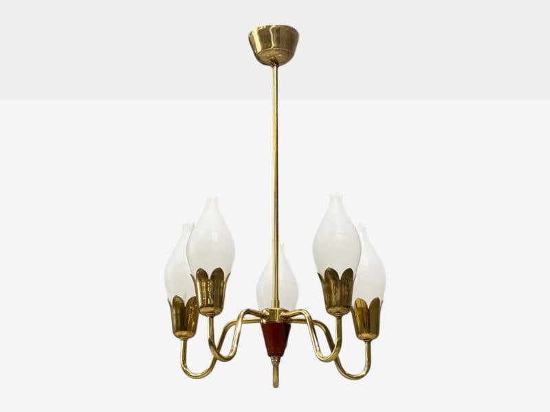 Fog & Mørup, Tulip Chandelier, Opal Glass, Brass, Teak, Denmark, 1960s - 2