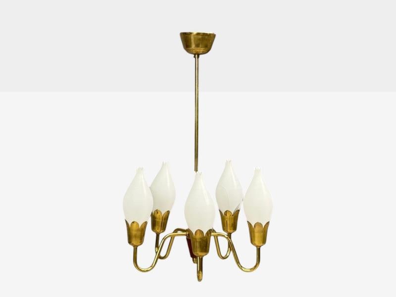 Fog & Mørup, Tulip Chandelier, Opal Glass, Brass, Teak, Denmark, 1960s - 3