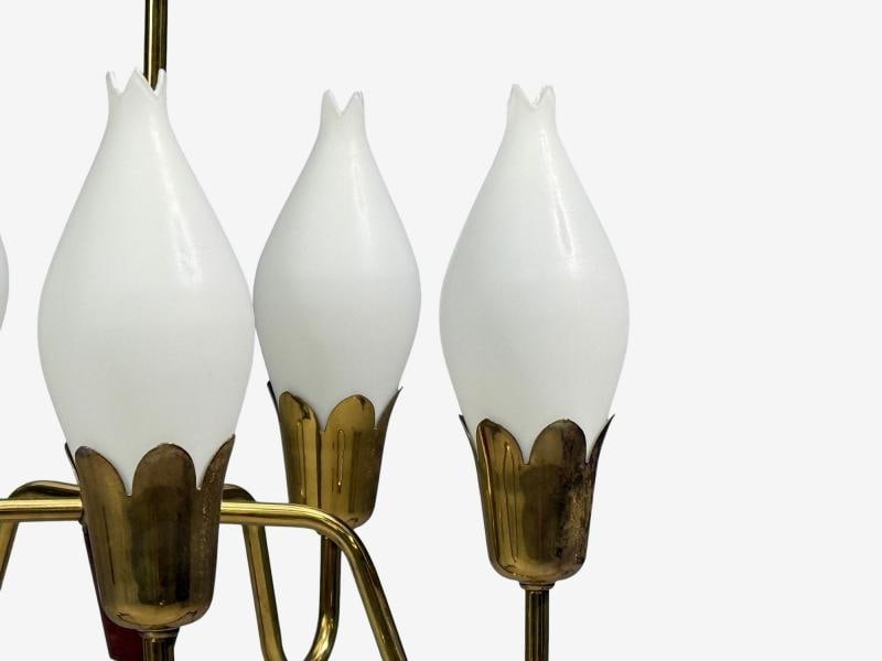 Fog & Mørup, Tulip Chandelier, Opal Glass, Brass, Teak, Denmark, 1960s - 7