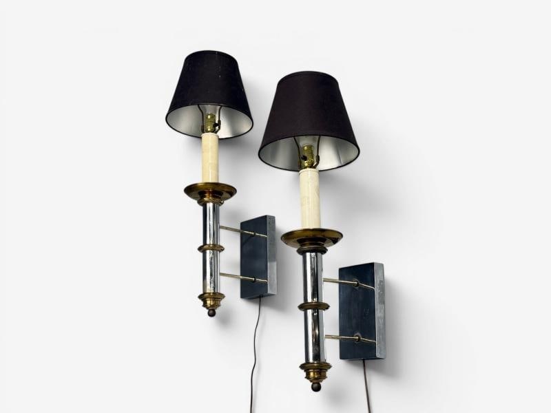 Tommi Parzinger, Large Wall Sconces, Chromed Steel, Brass, Fabric, USA, 1950s - 2