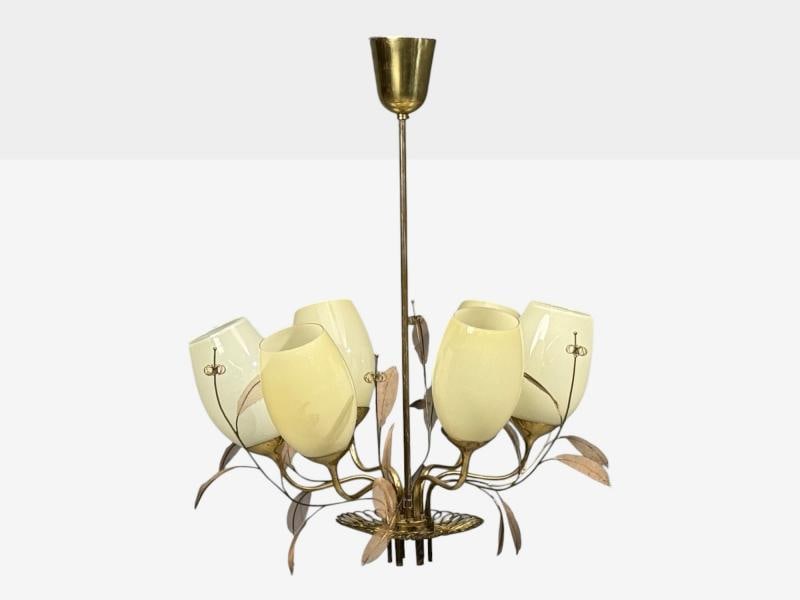 Paavo Tynell, Chandelier, Milk Glass, Brass, Finland, 1950s - 2