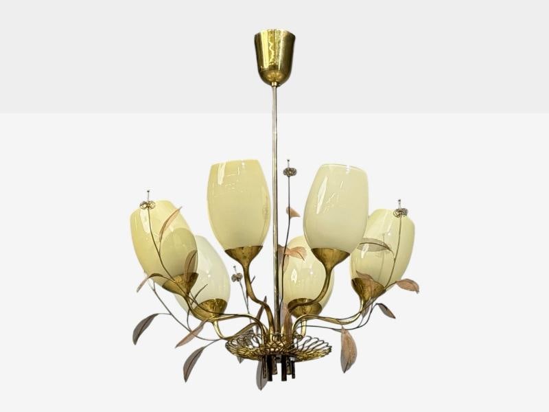 Paavo Tynell, Chandelier, Milk Glass, Brass, Finland, 1950s - 3