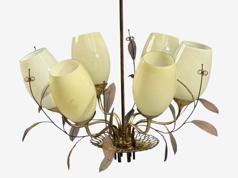 Paavo Tynell, Chandelier, Milk Glass, Brass, Finland, 1950s - 5