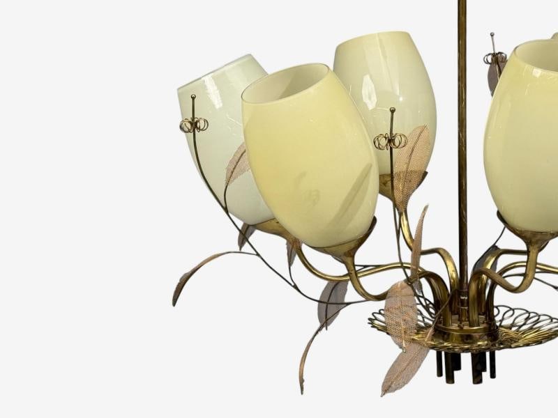 Paavo Tynell, Chandelier, Milk Glass, Brass, Finland, 1950s - 6