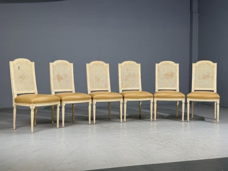 Louis XVI Style, Six Dining Chairs, Painted Wood, Cane, Leather, 20th c. - 2