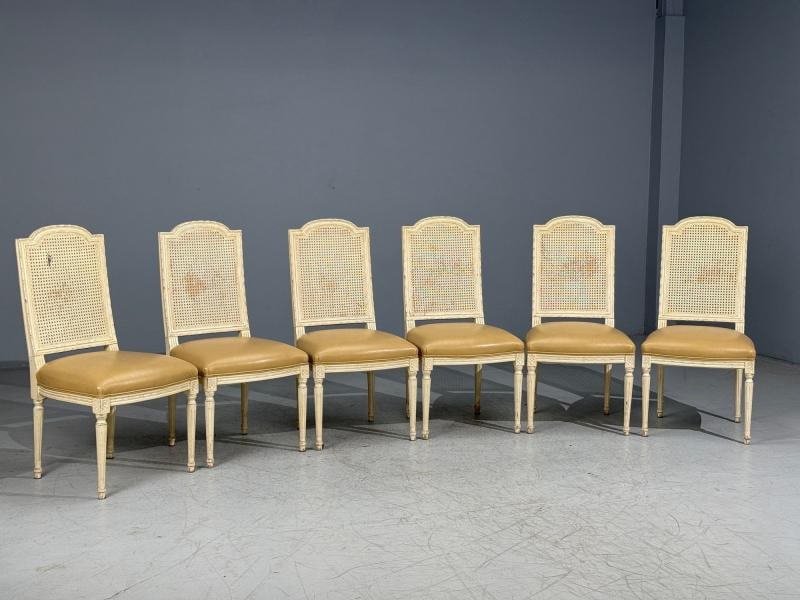 Louis XVI Style, Six Dining Chairs, Painted Wood, Cane, Leather, 20th c. - 3