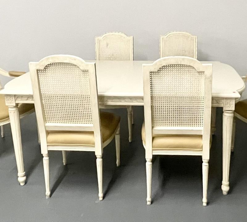 Louis XVI Style, Six Dining Chairs, Painted Wood, Cane, Leather, 20th c. - 4