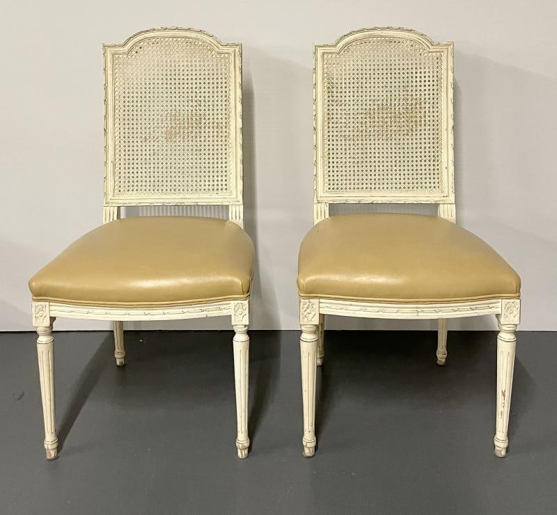 Louis XVI Style, Six Dining Chairs, Painted Wood, Cane, Leather, 20th c. - 5