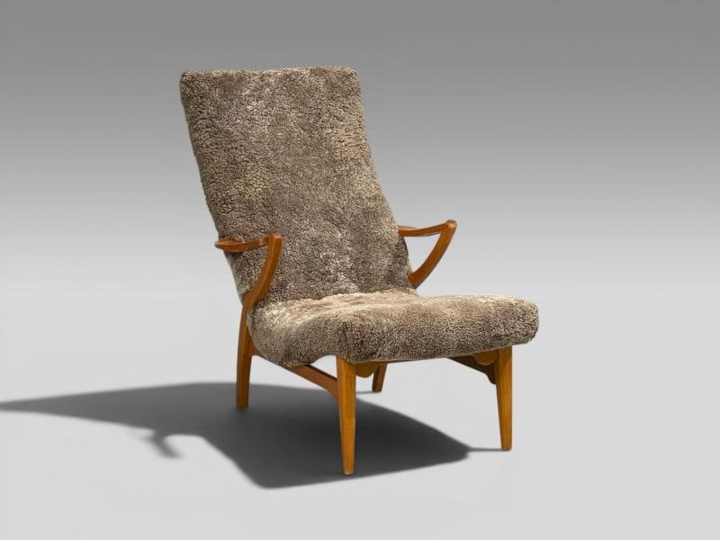 JIO Möbler, Chaise Lounge, Gray Shearling, Elm, Sweden, 1960s - 2
