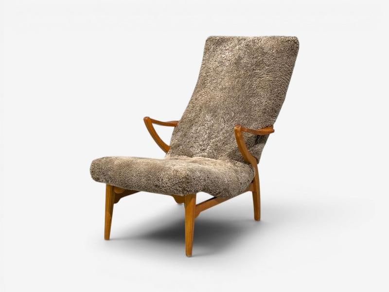 JIO Möbler, Chaise Lounge, Gray Shearling, Elm, Sweden, 1960s - 3