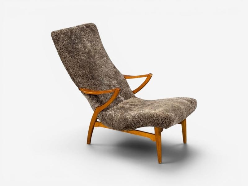 JIO Möbler, Chaise Lounge, Gray Shearling, Elm, Sweden, 1960s - 5