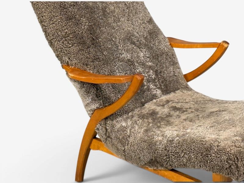 JIO Möbler, Chaise Lounge, Gray Shearling, Elm, Sweden, 1960s - 7