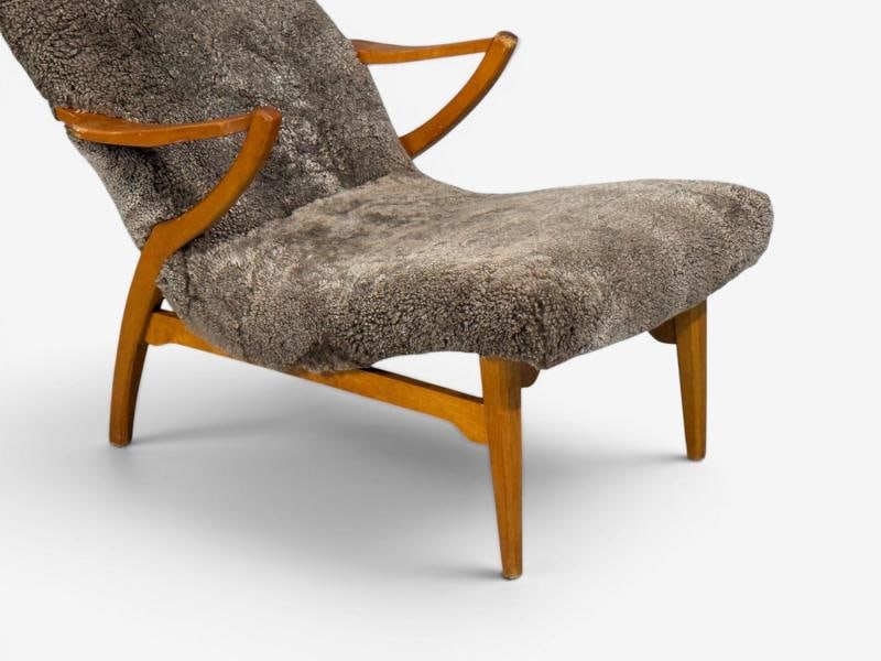 JIO Möbler, Chaise Lounge, Gray Shearling, Elm, Sweden, 1960s - 8