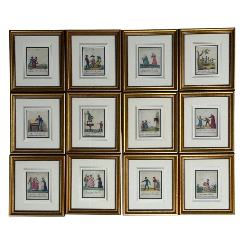 Twelve Copper Engravings, Hand Coloured, Gilt Frames, England, 1900s - 2