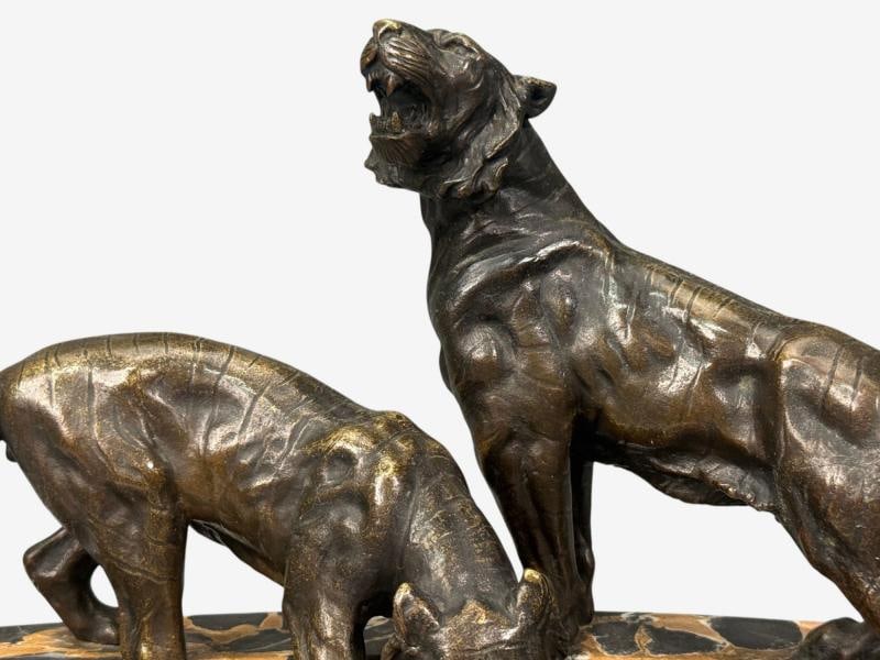 Art Deco, Inkwell Desk Set, Pen Holder, Marble, Bronze Panthers, 1920s - 2