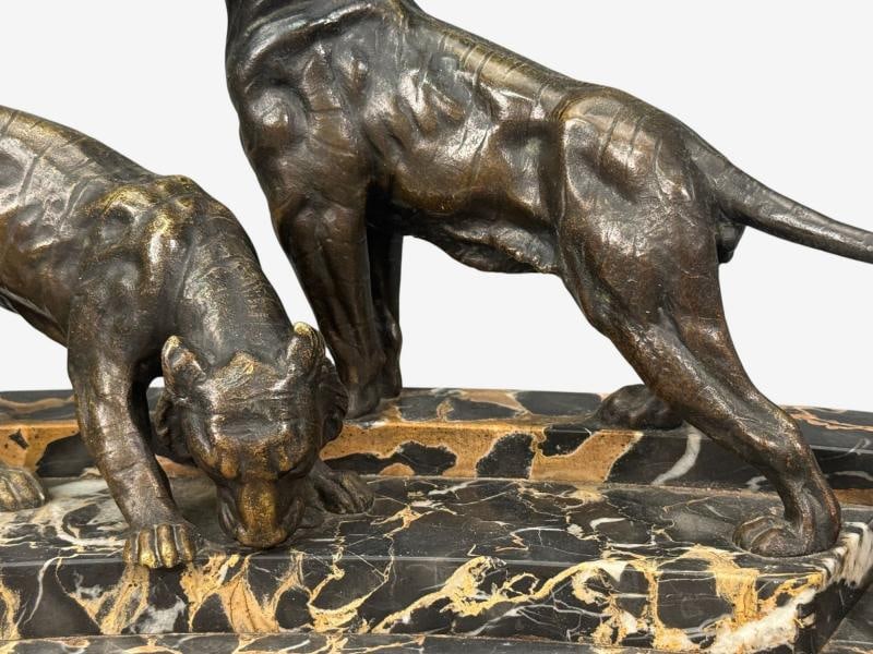 Art Deco, Inkwell Desk Set, Pen Holder, Marble, Bronze Panthers, 1920s - 3