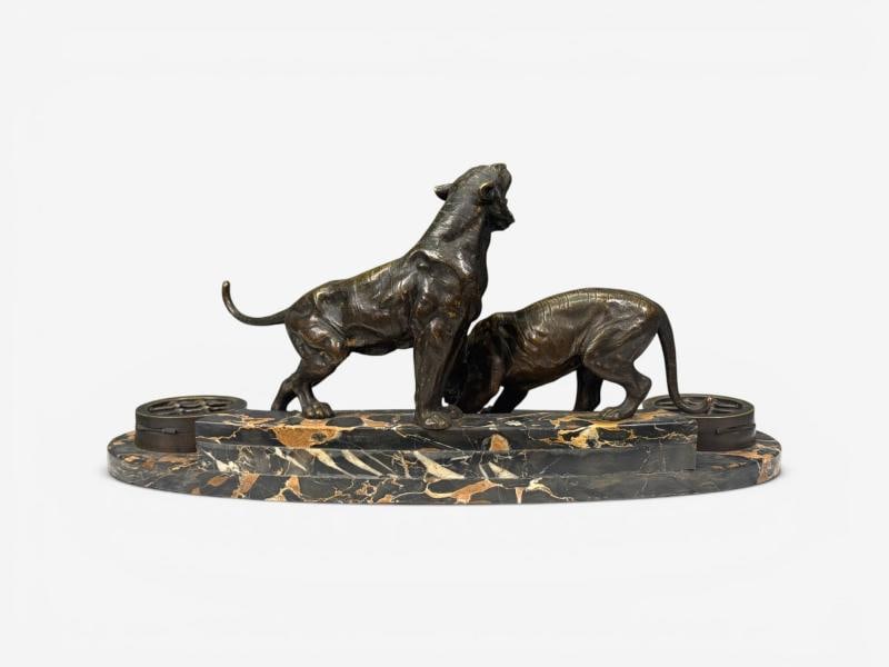 Art Deco, Inkwell Desk Set, Pen Holder, Marble, Bronze Panthers, 1920s - 7