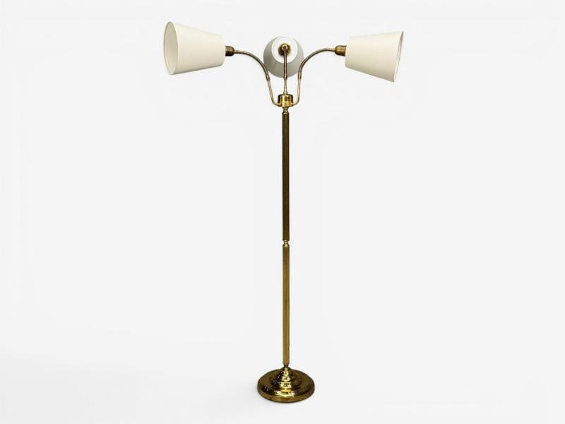 Swedish Modern, Three Light Floor Lamp, Reeded Brass, Fabric, Sweden, 1970s - 2