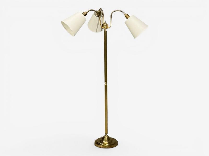 Swedish Modern, Three Light Floor Lamp, Reeded Brass, Fabric, Sweden, 1970s - 3