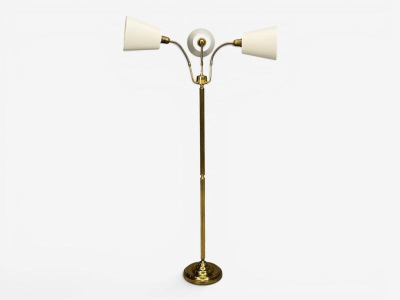 Swedish Modern, Three Light Floor Lamp, Reeded Brass, Fabric, Sweden, 1970s - 4