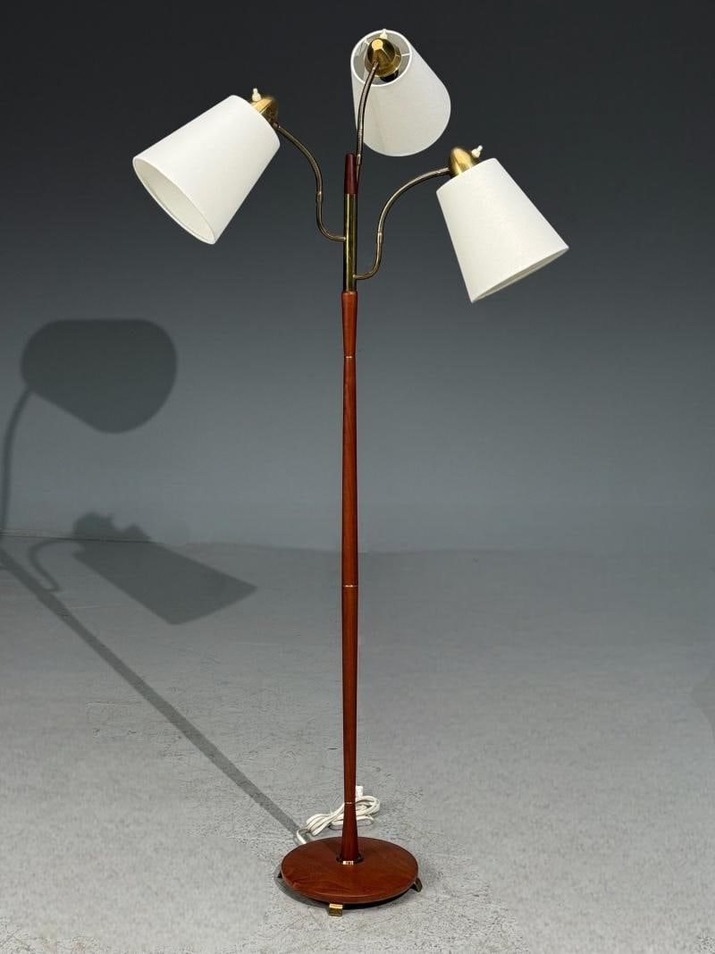 Swedish Modern, Adjustable Floor Lamp, Teak, Brass, Fabric, Sweden, 1970s - 2