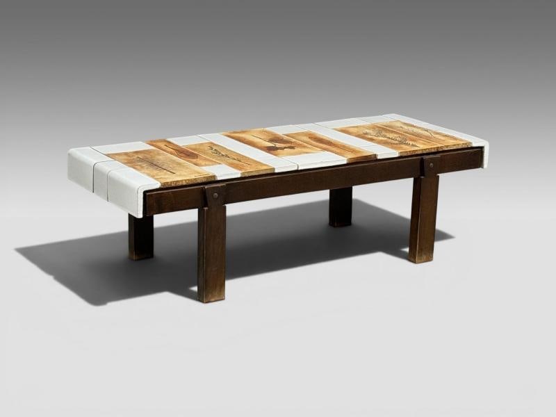 Roger Capron, Low Coffee Table, Tile, Stained Wood, France, 1970s - 2