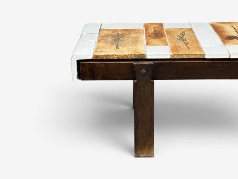 Roger Capron, Low Coffee Table, Tile, Stained Wood, France, 1970s - 7