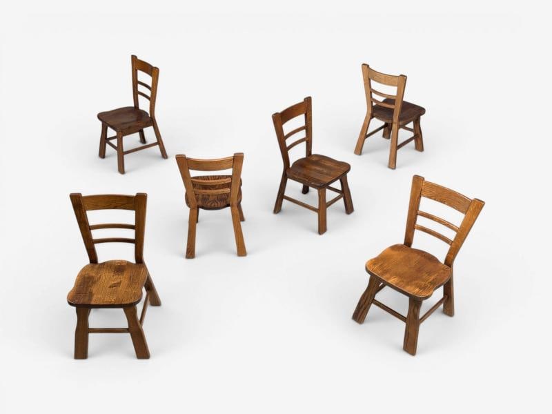 Belgian Modern, Six Brutalist Dining Chairs, Oak, Belgium, 1970s - 2
