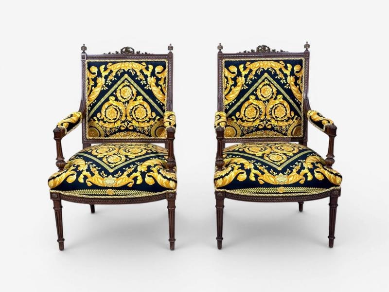 Gianni Versace Fabric Louis XVI Style Armchairs, Walnut, France, 20th c. - 2
