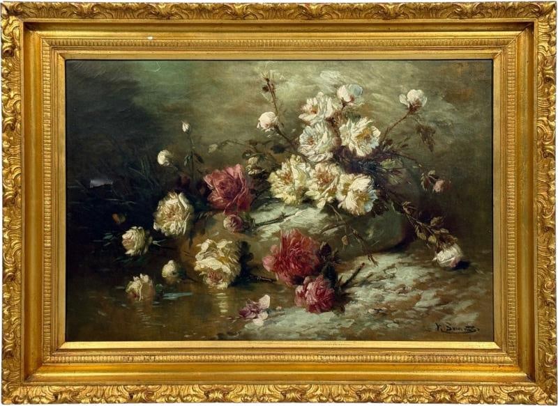 Floral Still Life, Oil on Canvas, A Fallen Vase with Flowers, American, 1920s - 2