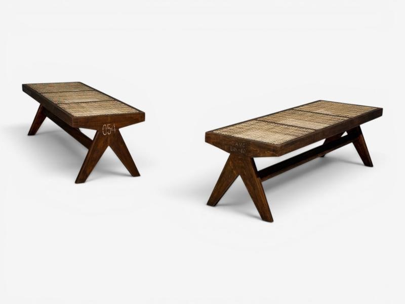 Pierre Jeanneret, Three Seat Benches, Teak, Cane, Chandigarh, India, 1960s - 2