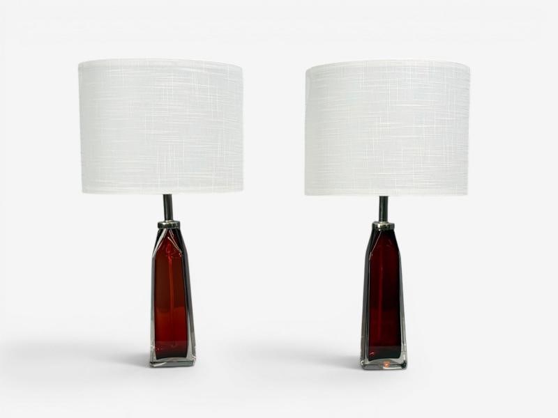 Carl Fagerlund, Table Lamps, Red Glass, Sweden, 1950s - 2