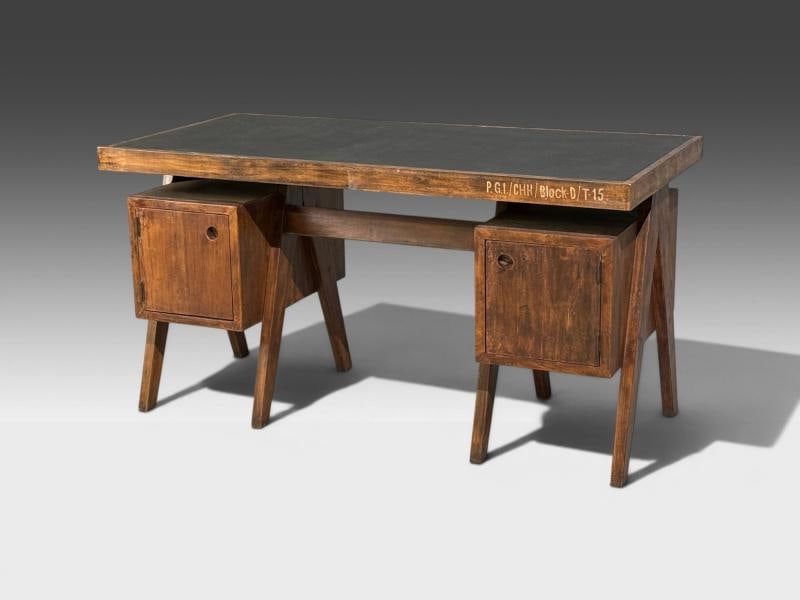 Pierre Jeanneret, Rare Writing Desk, Teak, Leatherette, Chandigarh, India, 1960s - 2