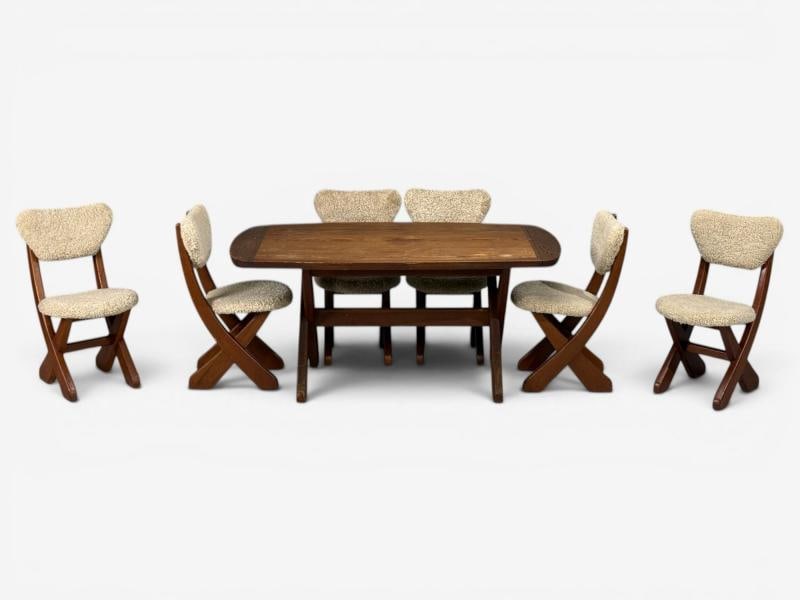 Danish Modern, Brutalist Dining Room Set, Pine, Shearling, Denmark, 1960s - 2